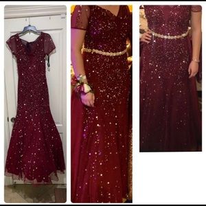 Red modest prom dress.